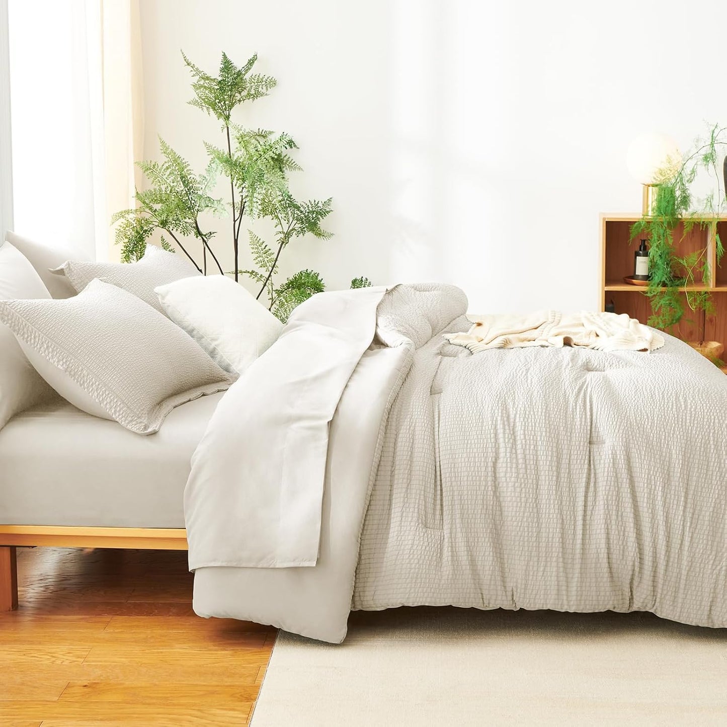 Queen Comforter Set - 7 Pieces Seersucker Bed in a Bag, Soft Lightweight Boho Bedding Set with All Season Comforters Queen Size, Sheets, Pillowcases & Shams, Beige Queen