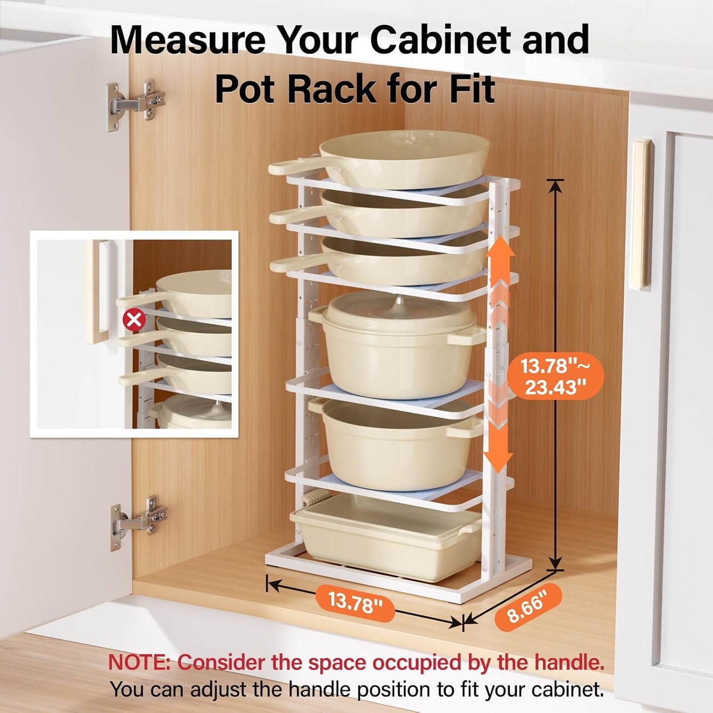 Pots and Pans Organizer for under Cabinet,6-Tier Heavy Duty Adjustable Pan Pot Organizers inside Cabinet, Pot Rack for Kitchen Cabinet Organization and Storage White