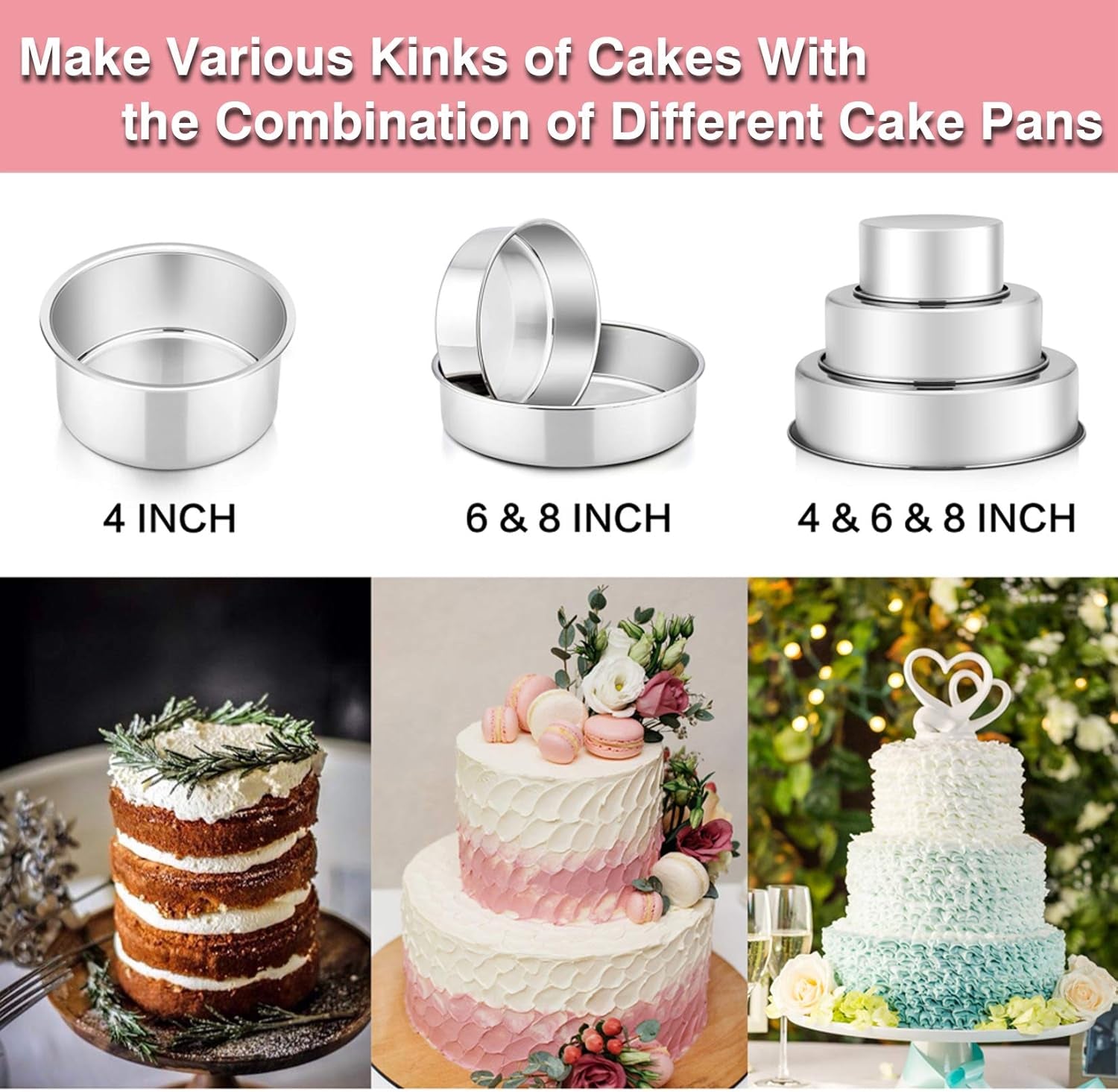 Cake Pan Set of 3, 4" + 6" + 8" round Baking Layer Tier Cake Pans Tins, Stainless Steel Bakeware for Birthday Weeding, Heavy Duty & Non Toxic, Mirror Finish & Dishwasher Safe