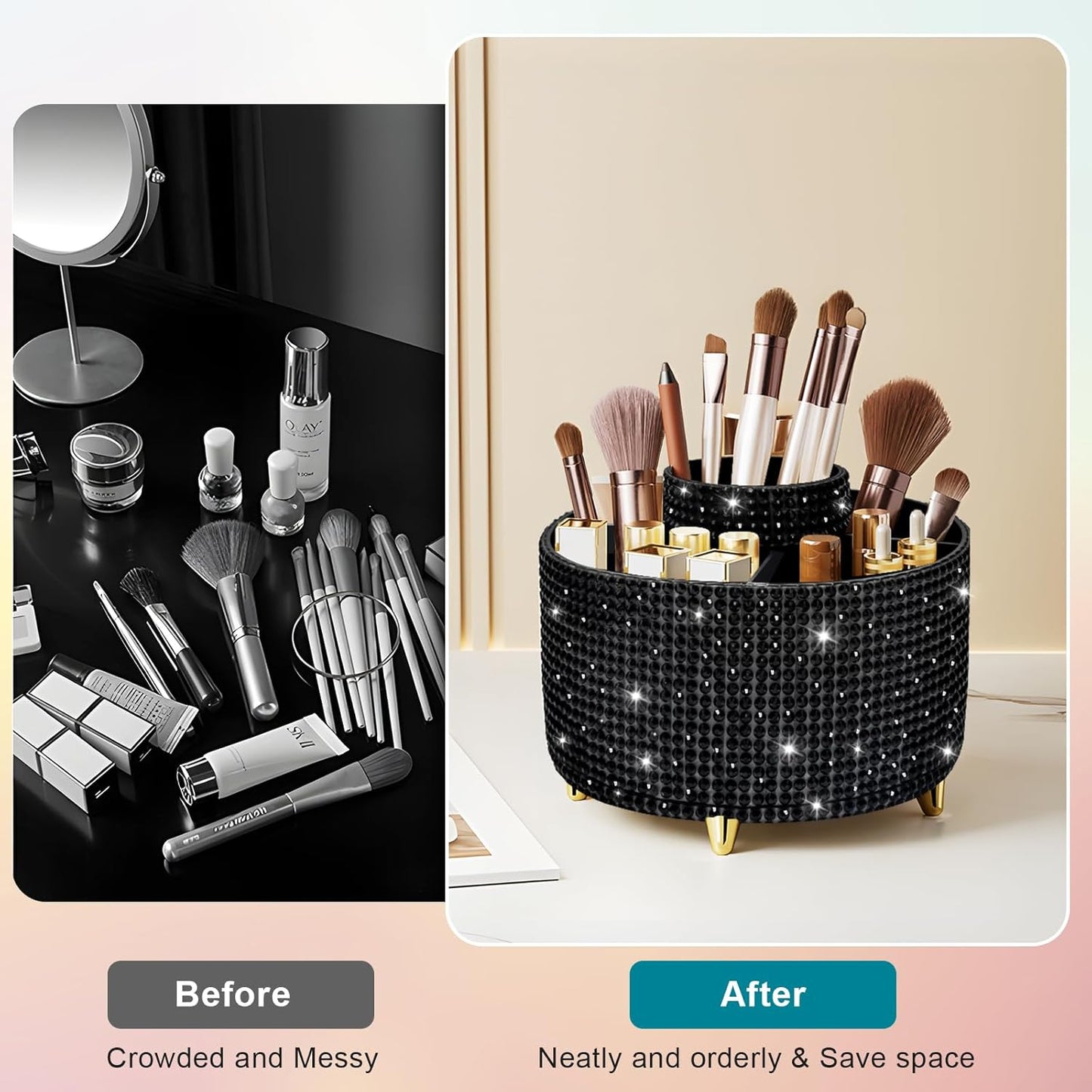 Bling Diamond 360° Makeup Brush Holder Organizer, Rotating Makeup Brush Organizer,5 Slot Make up Brushes Cup for Cosmetics, Vanity Desktop Organizer, Gift for Women Teen Girls- Diamond Black
