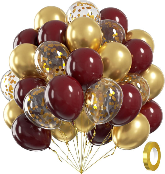 60Pcs Burgundy and Gold Balloons 12Inch, Maroon and Gold Balloons with Metallic Gold Confetti Balloons for Graduation Birthday Bridal Shower Party Decorations