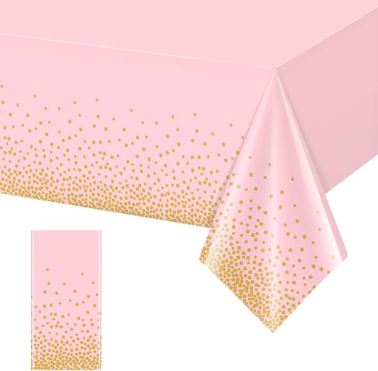 1 Pack Pink and Gold Plastic Tablecloth for Parties, Pink Disposable Table Cloth for Rectangle Tables, Gold Stamping Dot Confetti Light Pink Tablecloth for Birthday Wedding Baby Shower Party, 54X108"