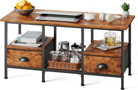 35" Coffee Table with 2 Storage Drawers, Small Coffee Tables for Living Room, Industrial Center Table with 2 Tier Storage Shelf, Rustic Brown