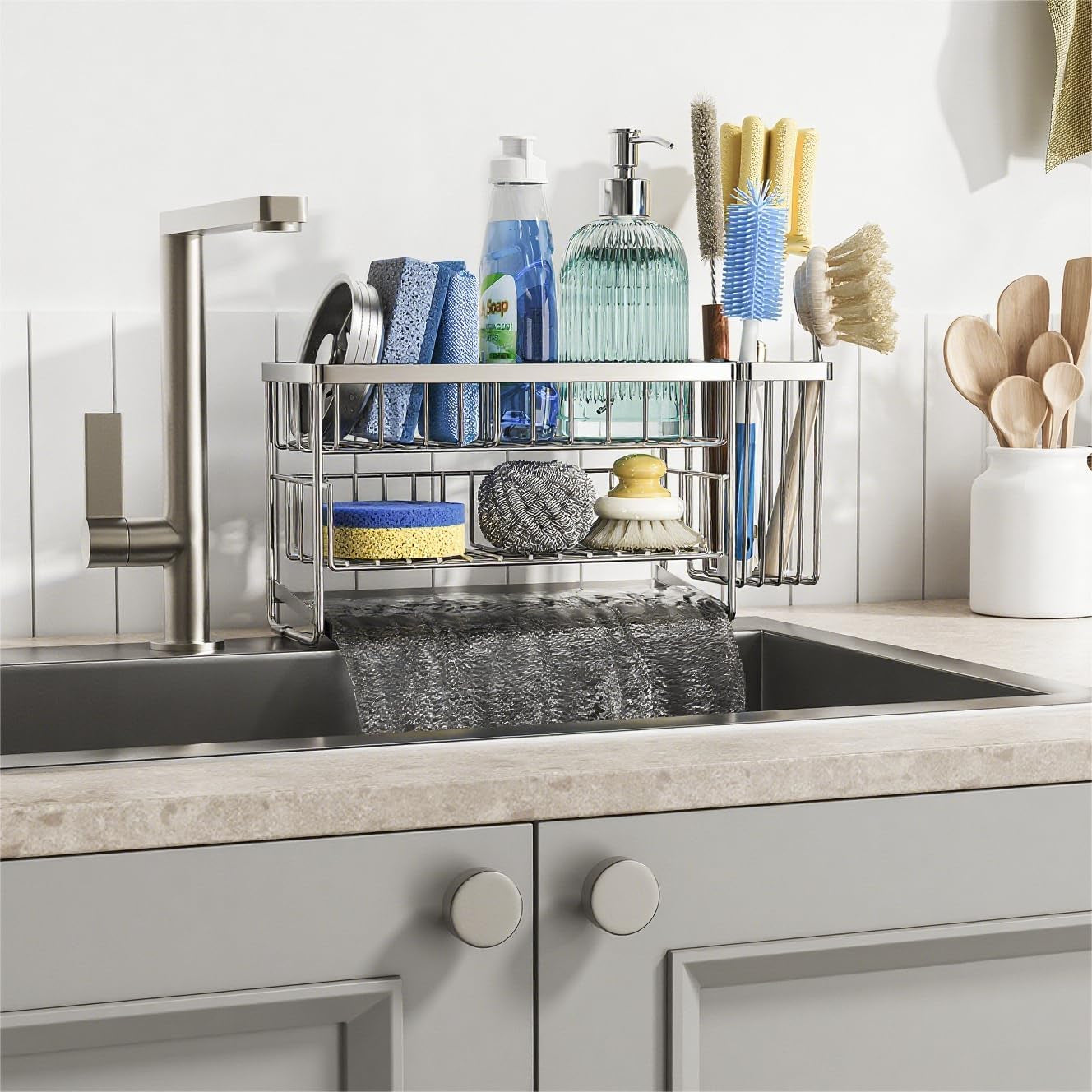 Silver 2-Tier Kitchen Sink Caddy Organzier Rack with Flexible Dish Brush Holder, Sponge Holder for Kitchen Sink Countertop Organization Storage,Home Decor Stainless Steel