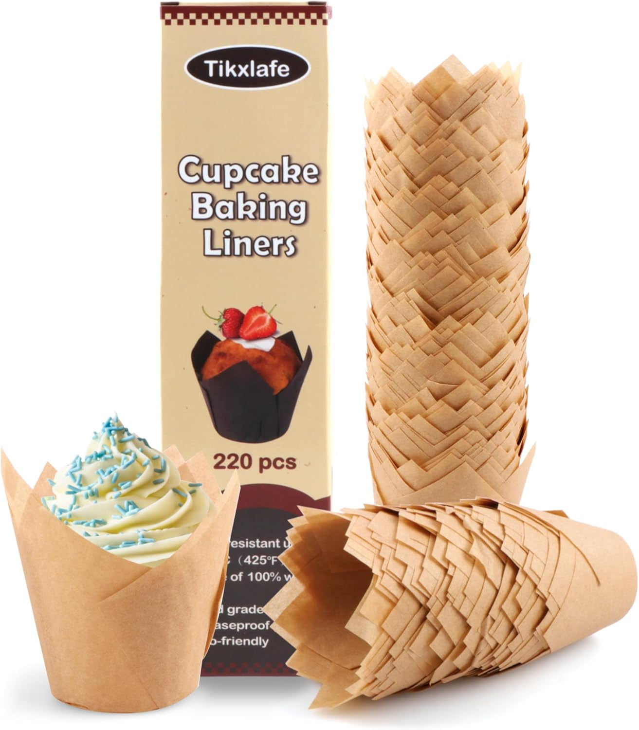 220Pcs Tulip Cupcake Liners for Baking Cups,Greaseproof Cupcake Wrappers in Standard Size,Parchment Paper Tulip Muffin Liners,Natural