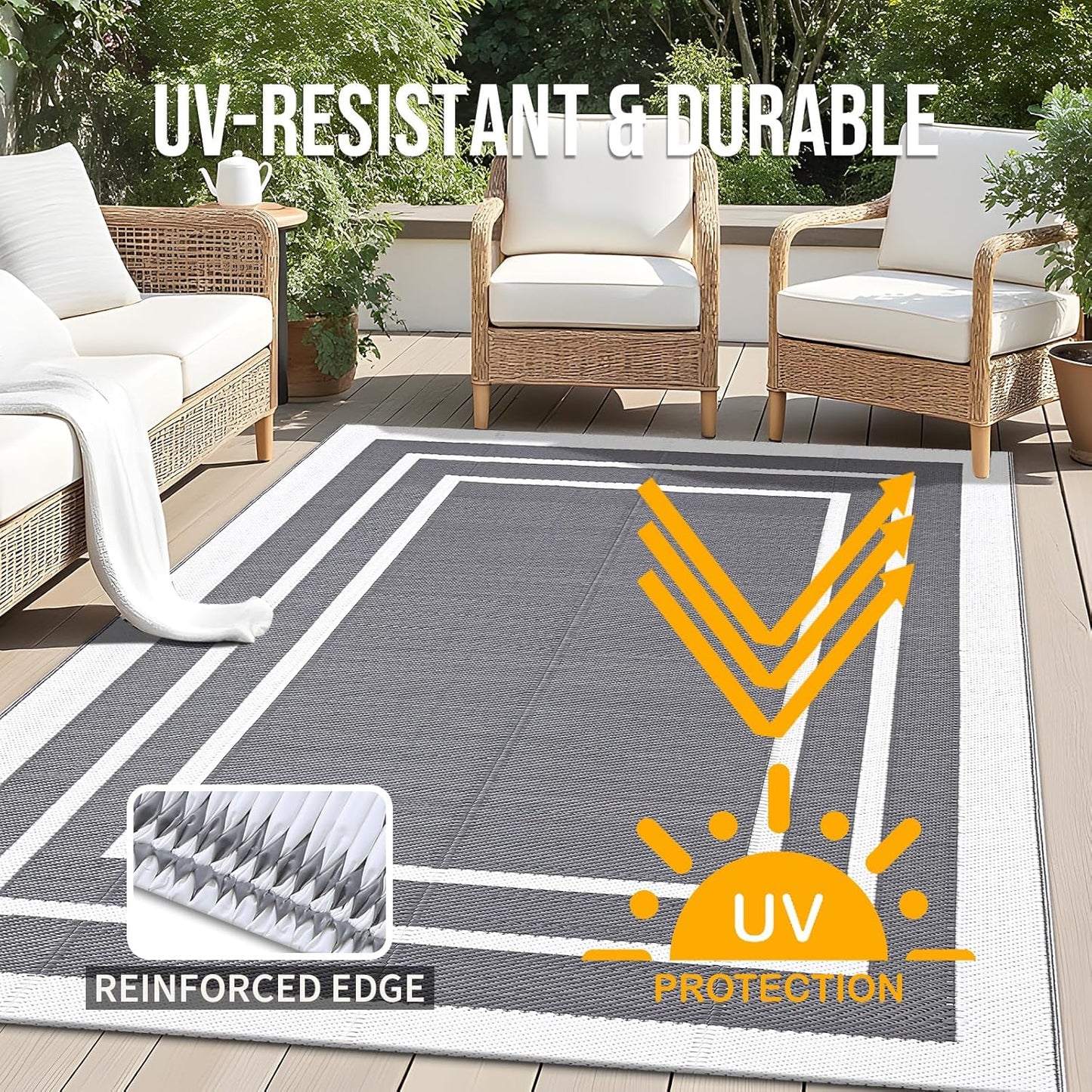 Outdoor Rug 5X8 Ft Waterproof, Reversible Outdoor Plastic Straw Rug, RV Mat, Indoor Outdoor Carpet Clearance for Patio, Camping, Balcony, Deck, Backyard, Grey & White