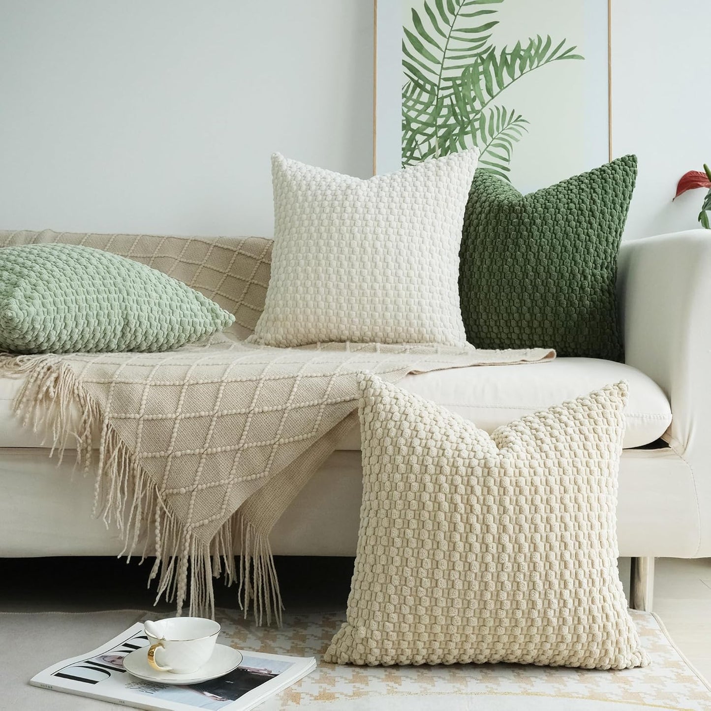 Pack of 4 Spring Decorative Throw Pillow Covers Farmhouse Boho Home Decor Striped Corduroy Square Pillowcases 18 X 18 Inch Green