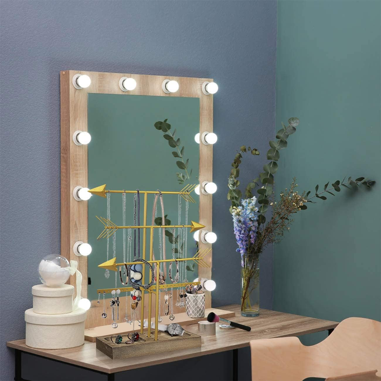 Arrow Jewelry Organizer Stand 4-Tier Gold Jewelry Stand Necklace Organizer with Wooden Ring Holder for Jewelry Display Bracelet Holder Stand Earring Organizer for Girls - Gold