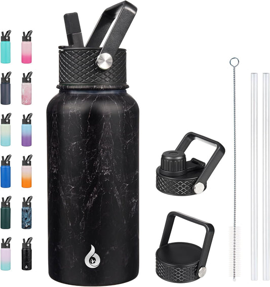 Insulated Water Bottles with Straw Lid, 27Oz Stainless Steel Water Bottle with 3 Lids, Leak Proof BPA Free Metal Thermo, Mugs, Tumblers, Keep Cold Hot -Midnight