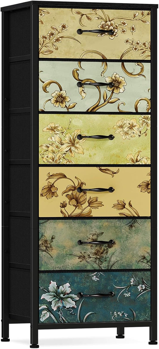 Tall 6-Drawer Vintage Dresser with Fabric Bins - Versatile Storage Organizer for Bedroom, Living Room, Closet, Nursery, Dorm, Entryway, and Bedside Furniture with Sturdy Metal Frame and Wood Top