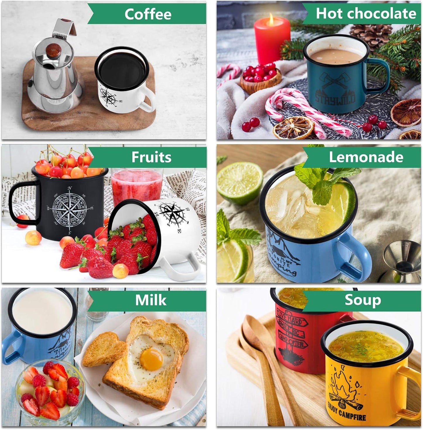 16 Oz Enamel Mug Coffee Cup Set of 6, Camping Enamel Mug with Patterns & Handle for Tea Soup Milk, Corlorful Gift for Camp Home Office, Lightweight & Durable