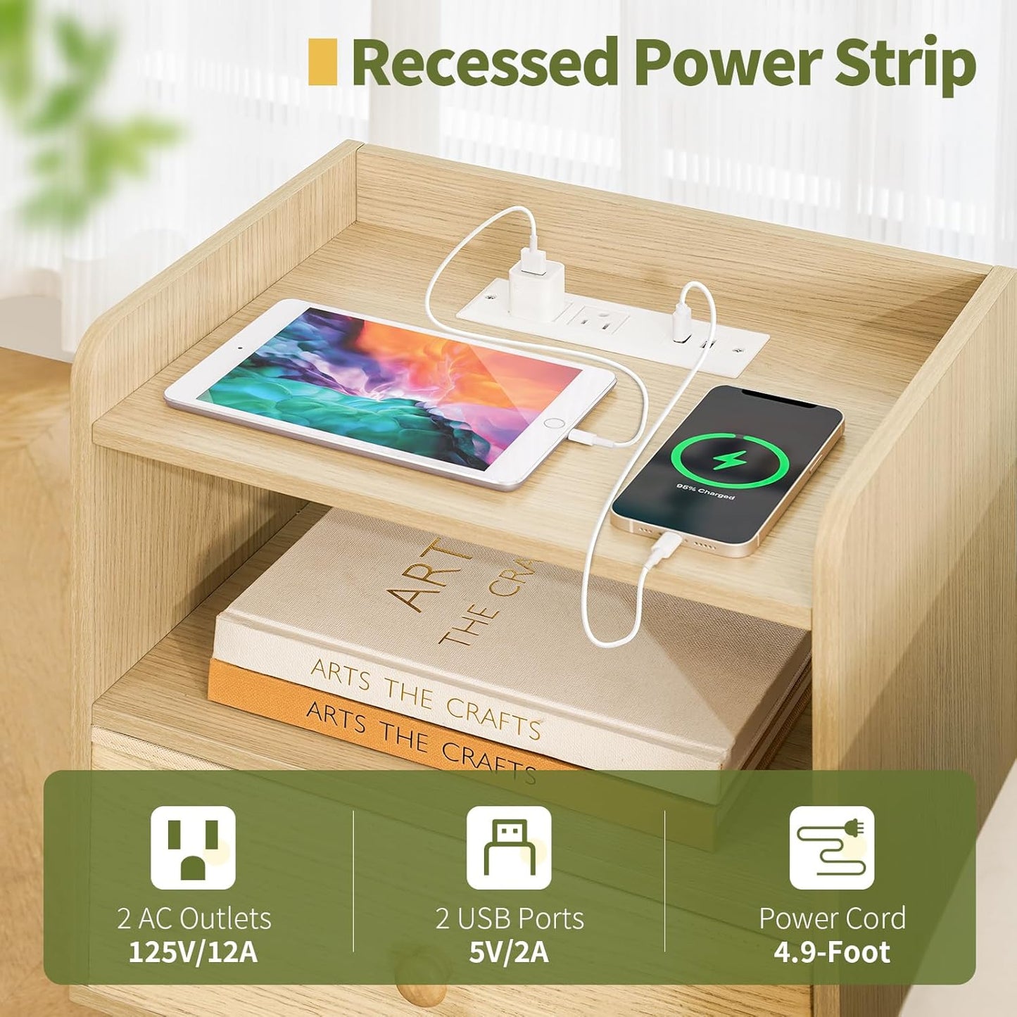 Nightstand with Charging Station, Modern Night Stand with LED Lights, Wood Nightstands with Fabric Drawer & Storage Shelf, Night Stands Bedside Table with USB Ports for Bedroom, Office, Home
