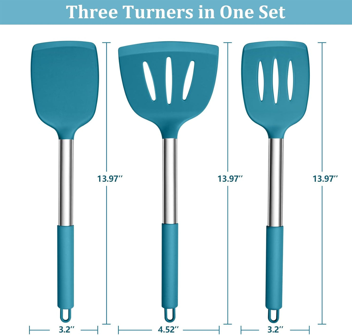 Silicone Cooking Utensils, 3 PCS Heatproof Kitchen Utensil Set for Flipping, Non-Stick Slotted & Solid Spatula Turner, Easy Clean & Non-Toxic, Blue