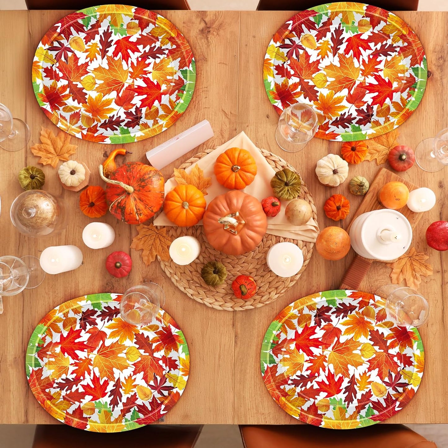 50 Pcs Thanksgiving Oval Plates, 12.2 × 10.2 Inches Thanksgiving Paper Plates, Disposable Autumn Dinnerware, Heavy Duty Maple Fall Paper Tableware for Harvest Party Supplies Decorations