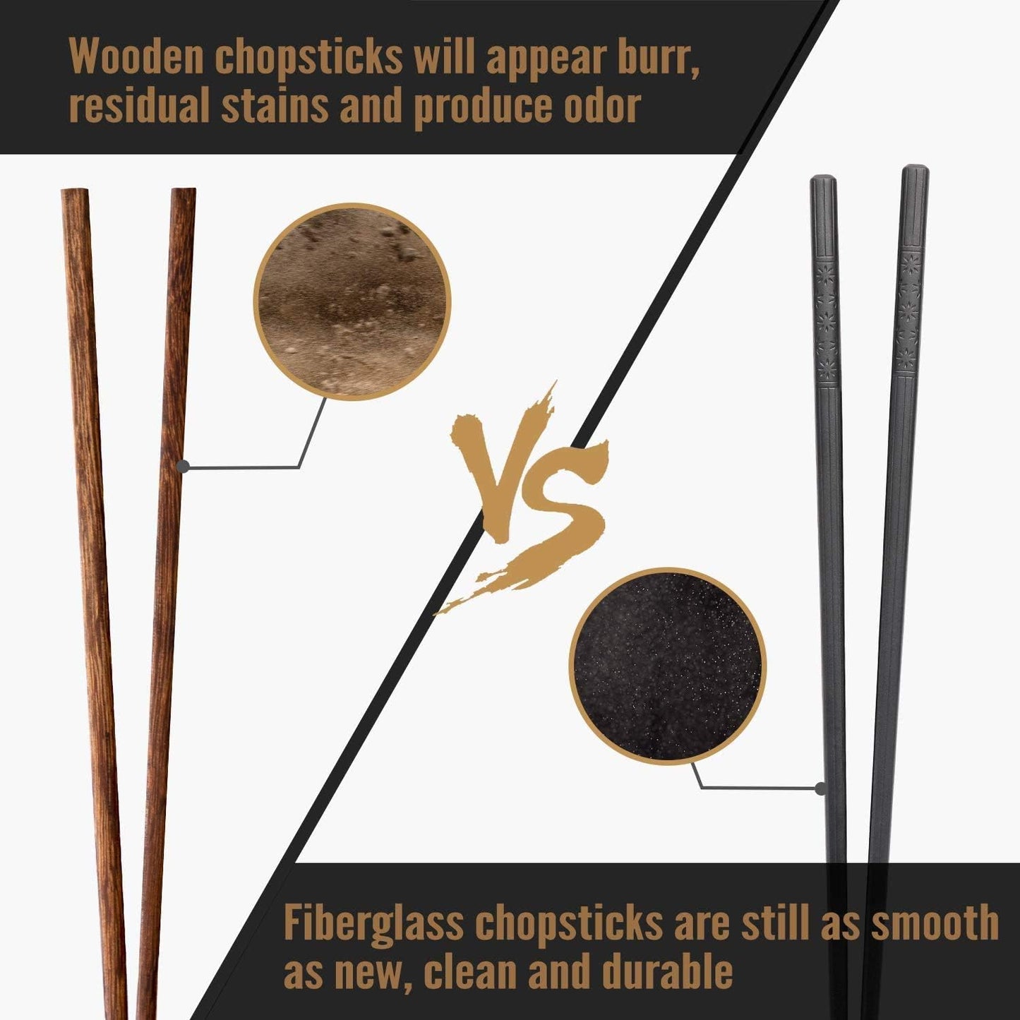 10 Pairs Fiberglass Chopsticks - Reusable Chopsticks Dishwasher Safe, 9 1/2 Inches - Black