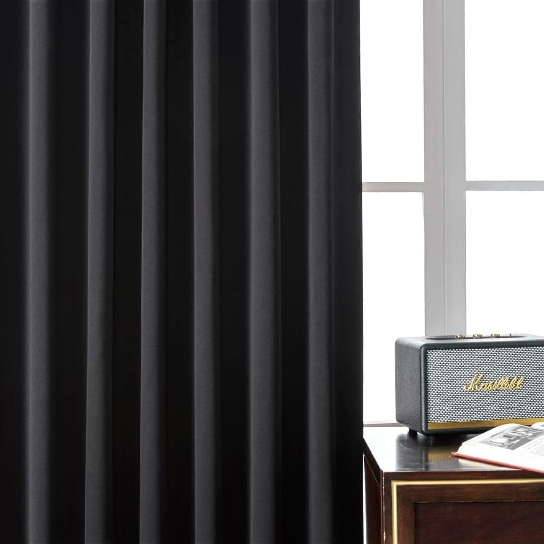 Black Thermal Insulated Blackout Curtains, 96-Inch Length, Set of 2 Panels for Bedroom and Living Room (W52 x L96 Inch, Black)