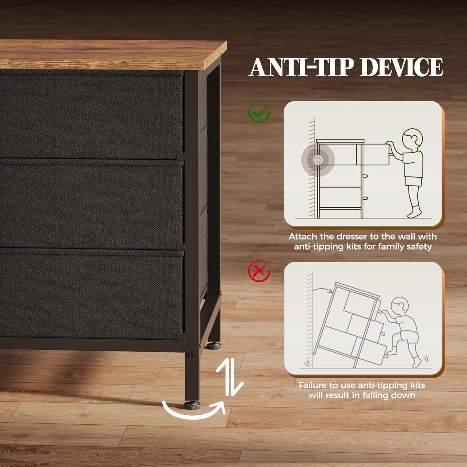 63-Inch Rustic Brown Dresser with 10 Fabric Drawers, Versatile TV Stand for 55 to 70 Inch TVs, Ideal Toy Storage Organizer for Bedrooms and Closets