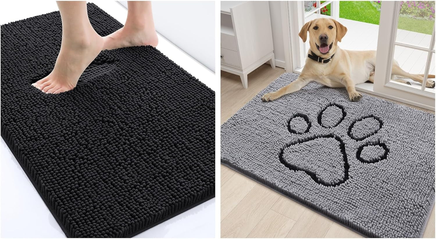 Luxury Chenille Bath Rug (Black 24X16) Dog Door Mat for Muddy Paws (Grey 30X20)