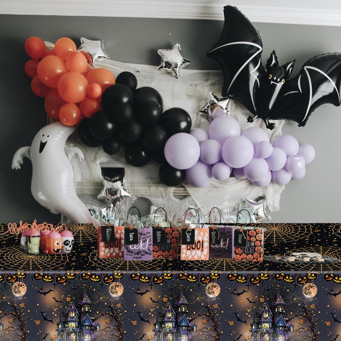 3 Packs Black Halloween Tablecloth 54 X 108 Inches Scary Castle Ghost Pumpkin Table Cloth Disposable Waterproof Plastic Bat Gold Spider Web Table Cover Trick or Treat for Halloween Party Dining