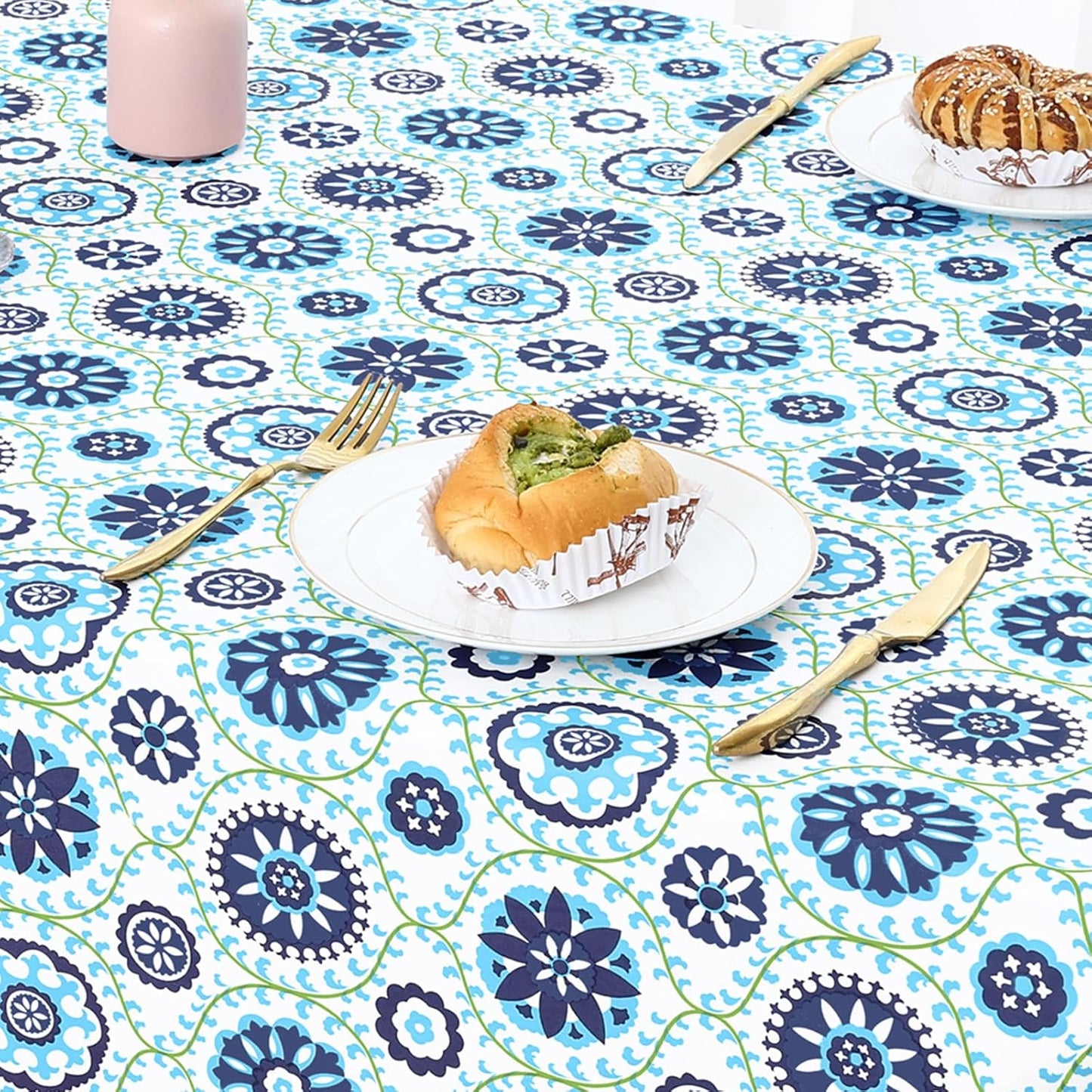 Rectangle Waterproof Vinyl Table Cloth, Wipeable Tablecloth with Flannel Backing, Plastic Table Cover for Dinner, Picnic, Indoor and Outdoor (Navy Mandala, 60" X 84")