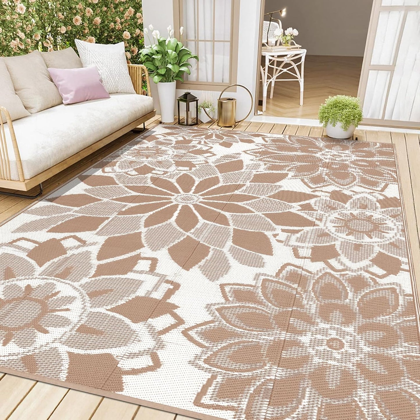 Reversible Waterproof Outdoor Rug for Patio, 6' x 9' Plastic Straw Area Mat, Ideal for RVs, Decks, Porches, Picnics, Beaches, and Balconies in Brown and White