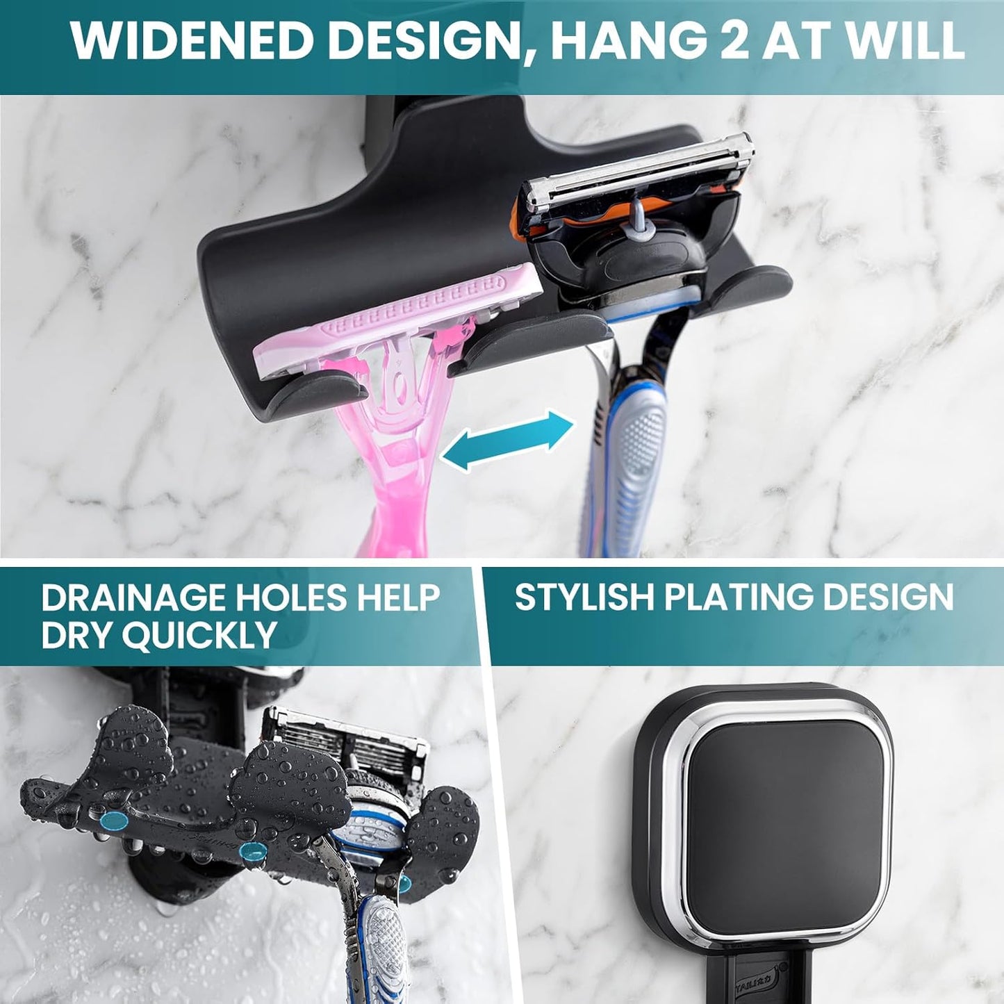 Suction Cup Razor Holder for Shower Wall 2 Pack, Versatile Suction Cup Hooks for Razor, Towel, Loofah, Squeegee, Cell Phone, Removable Damage-Free Hanging Shower Hook, Shaver Holder, Black