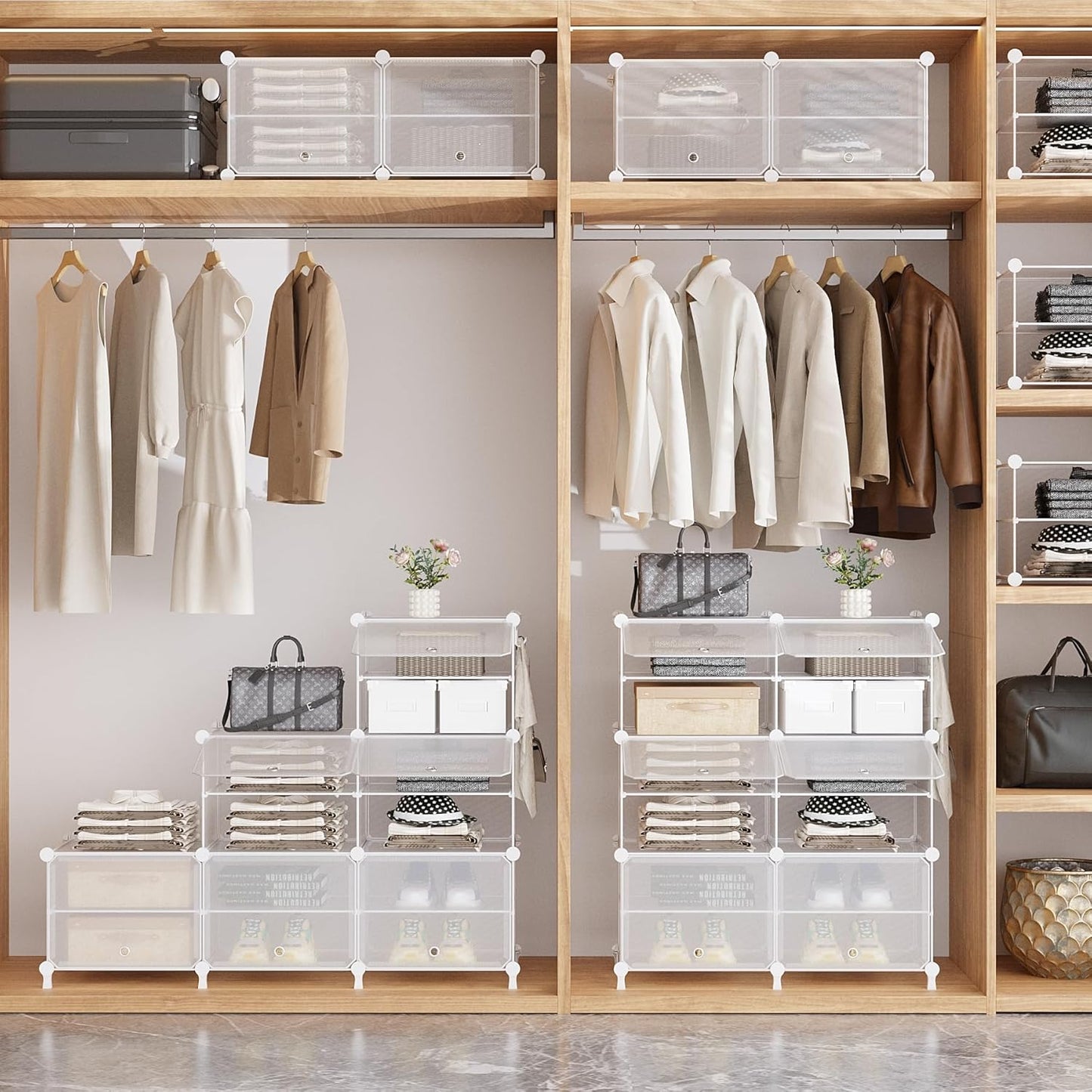 Shoe Rack, 8 Tier Shoe Storage Cabinet with Door, 32 Pair Shoe Organizer Shelves for Closet Hallway Bedroom Entryway, Transparent Twill