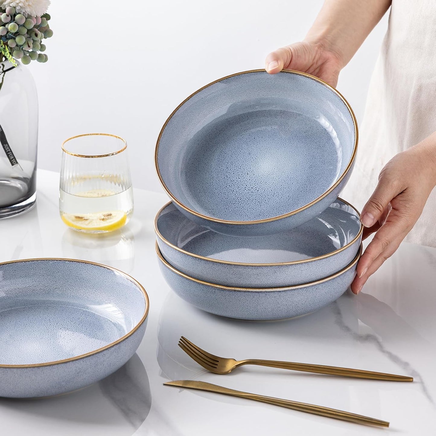 Large 9-Inch Ceramic Pasta Bowls Set of 4, 38 Oz Stoneware Serving Bowls for Kitchen – Versatile Wide Bowls for Fruit, Pasta, Salad, Oatmeal, Microwave Safe with Reactive Blue Glaze