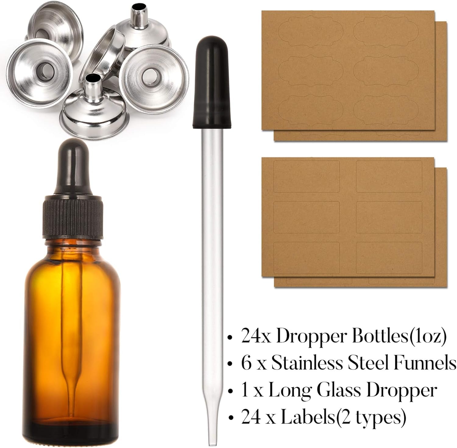 24 PCS, 1 Oz Dropper Bottles for Essential Oils with 6 Funnels & 1 Long Glass Dropper - 30Ml Amber Glass Bottle with Eye Droppers - Tincture Bottles, Leak Proof Travel Bottle for Liquids