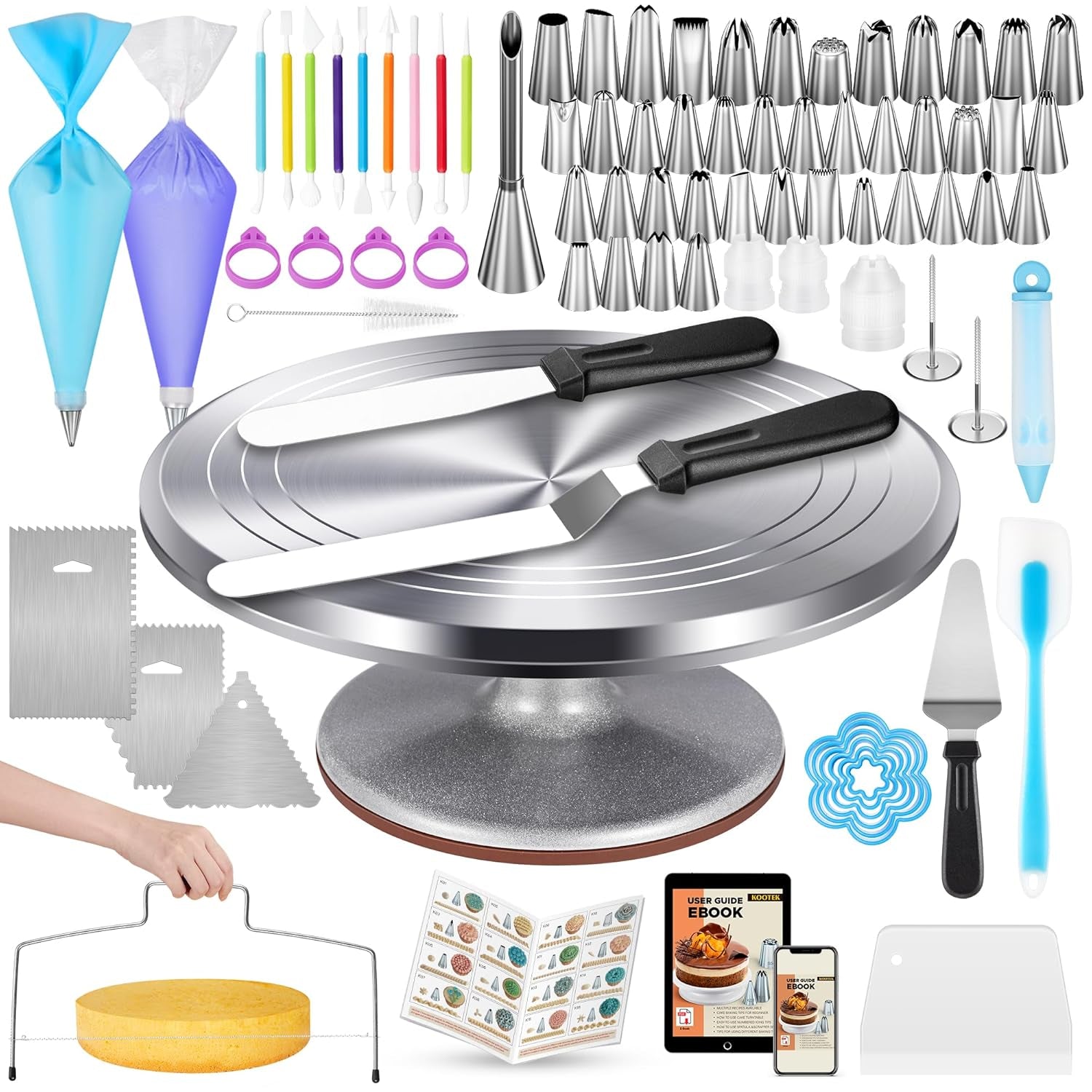 180 Pcs Cake Decorating Kits Supplies - Aluminium Alloy Revolving Cake Turntable, Numbered Cake Decorating Tips and Frosting Tools for Baking Cupcake Cookie Muffin Kitchen Utensils