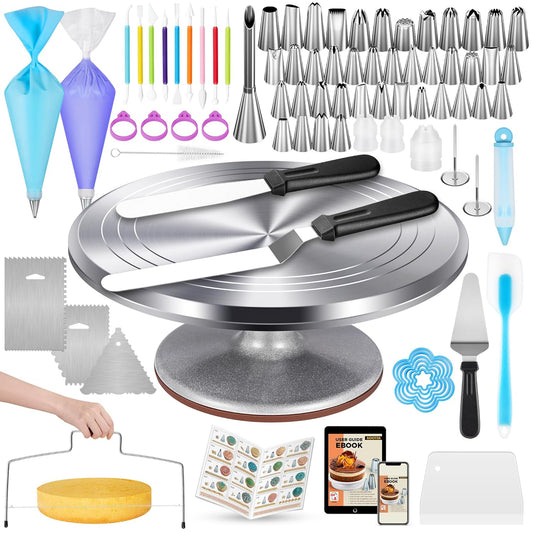 180 Pcs Cake Decorating Kits Supplies - Aluminium Alloy Revolving Cake Turntable, Numbered Cake Decorating Tips and Frosting Tools for Baking Cupcake Cookie Muffin Kitchen Utensils