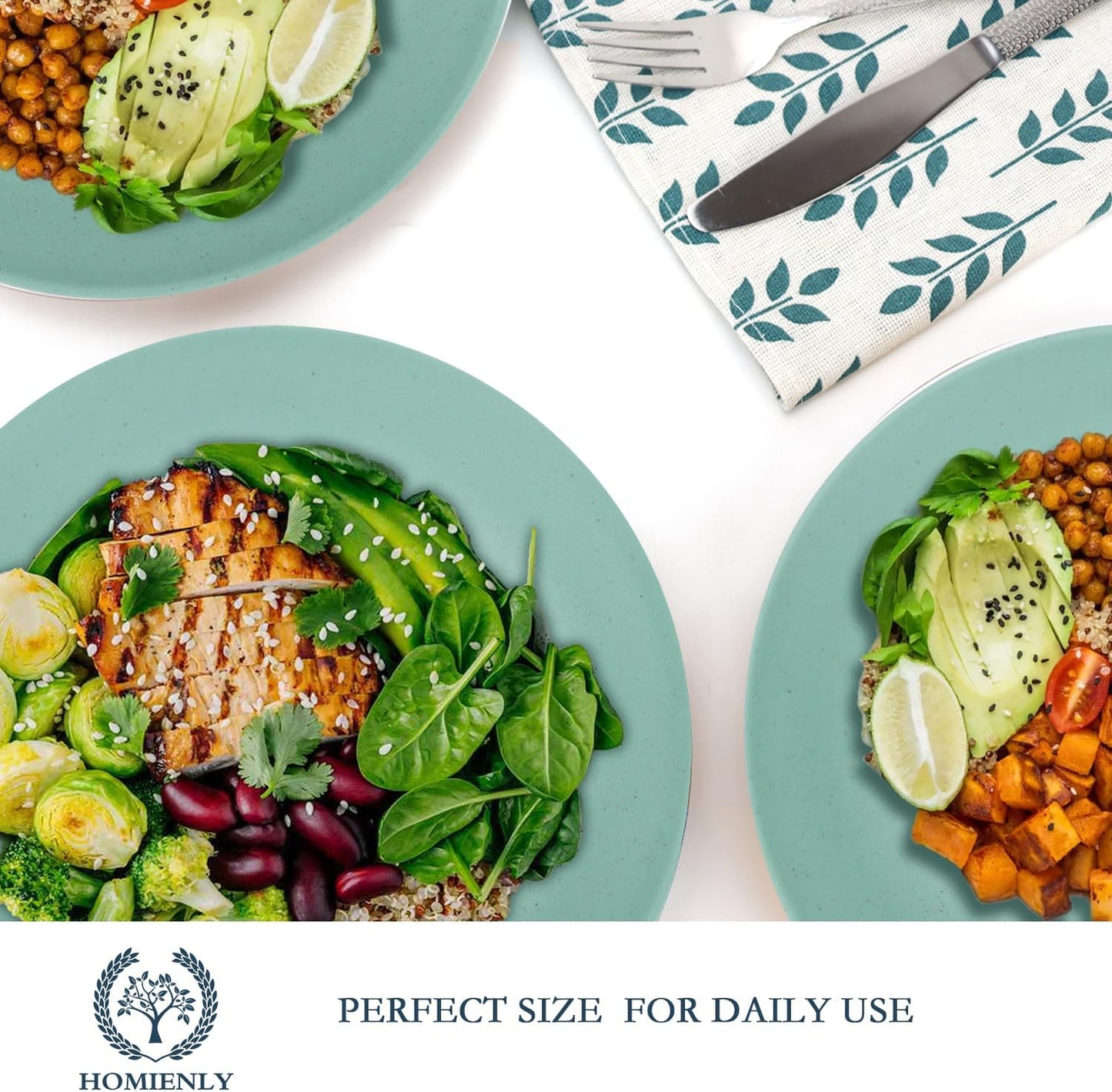Set of 8 Microwave and Dishwasher Safe Wheat Straw Flat Dinner Plates - Unbreakable 10-Inch Kids Plates in Green, Model MS 01