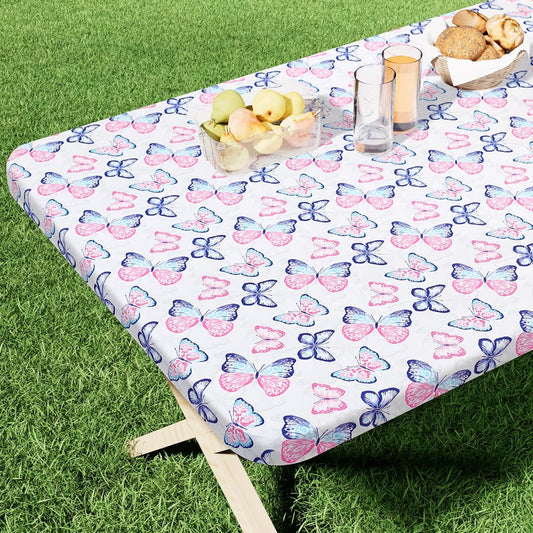 Rectangle Printed Fabric Tablecloth, Elastic Fitted Table Cloth for 6 Foot Table, Washable Polyester Table Cover for Outdoor, Picnic, Camping and Indoor, (Butterflies, 30" X 72")