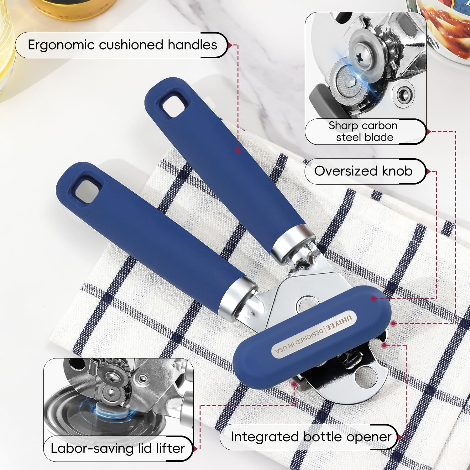 Can Opener Manual,  Hand Held Manual Can Openers Heavy Duty with Smoother Cut Sharp Blade, Manual Hand Can Open with Soft Handle, Easy to Turn Knob, Magnetic Lid Lifter, Blue