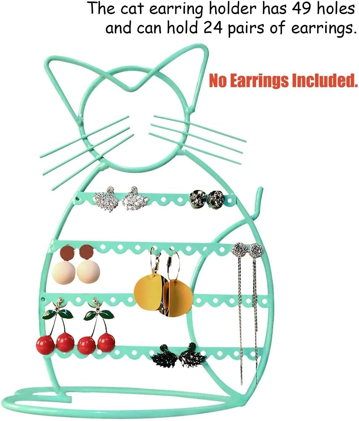 Cat Shaped Earring Holder Stand - Metal 48 Stud Holes, Jewelry Display Vanity Organizer for Girls - Jade
