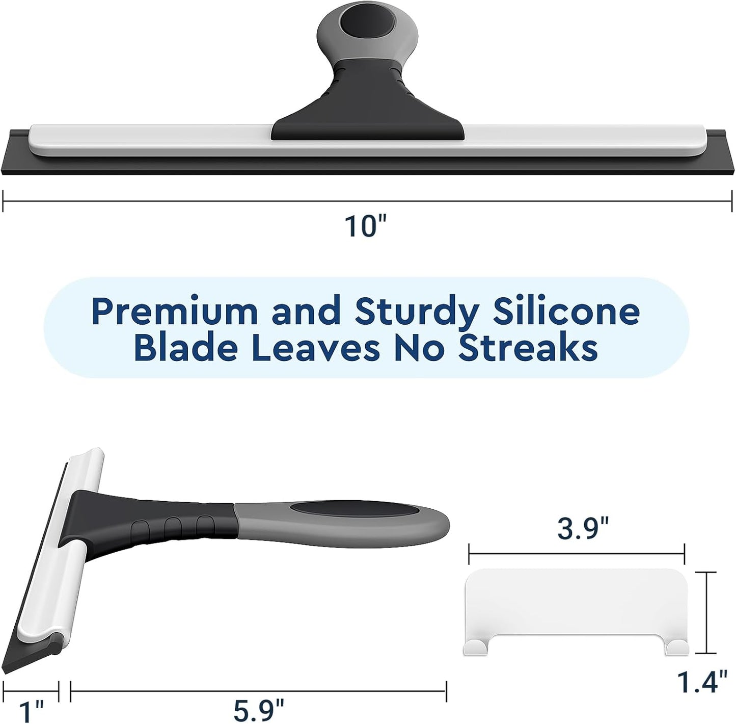 All-Purpose Silicone Shower Squeegee for Glass, Window, Door, Mirror, Car Windshield & Tile Wall, Portable Cleaner Tools, Includes One Hook & One Adhesive,10 Inches (Black)