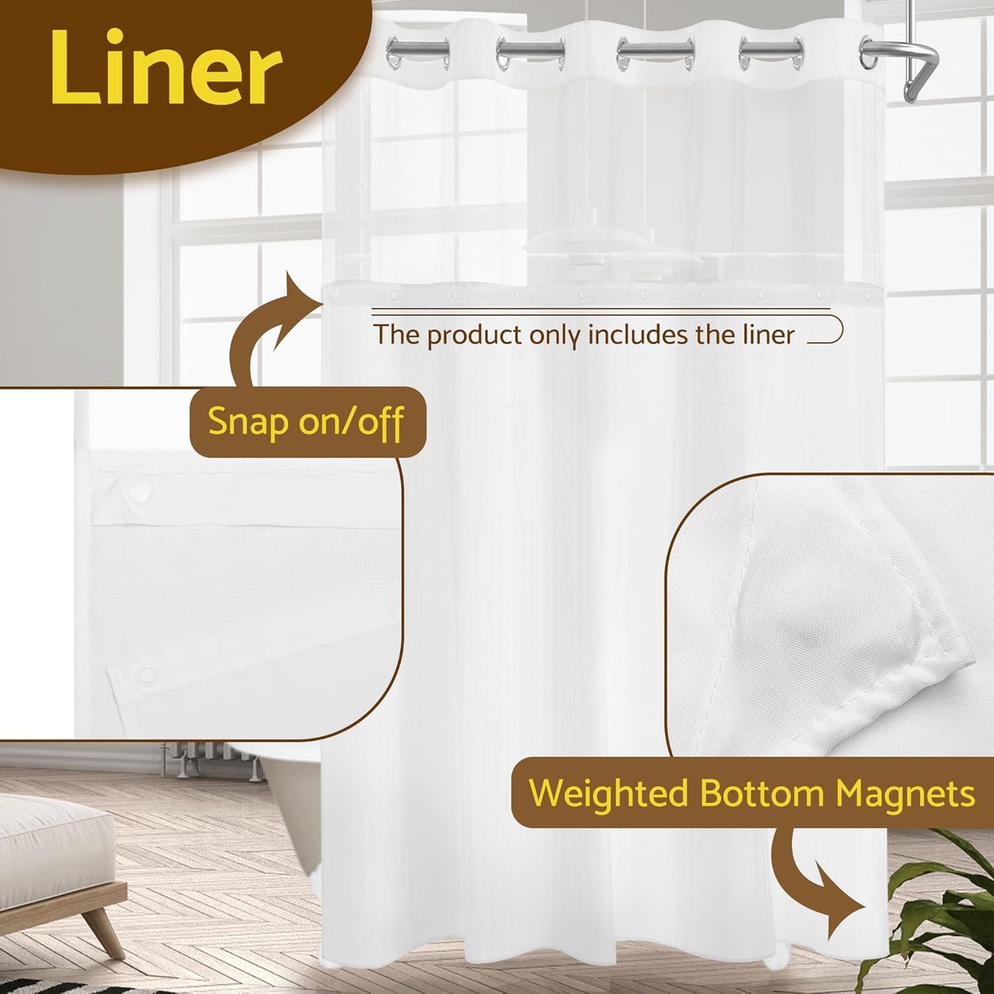 Fabric Snap-In Shower Curtain Liner Replacement, Removable & Washable, Hotel Style, 70X54, White