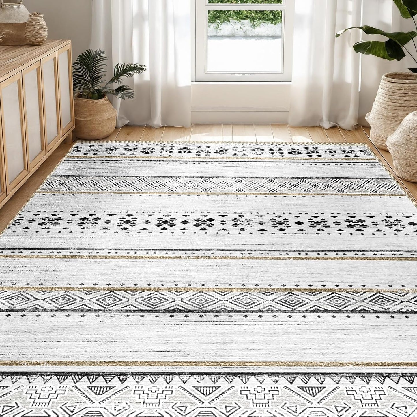 8X10 Area Rugs for Living Room Washable Moroccan Farmhouse Neutral Geometric Low Pile Non-Slip Soft Print Pattern Rug for Bedroom Kitchen Dining Room Entryway Black/Brown