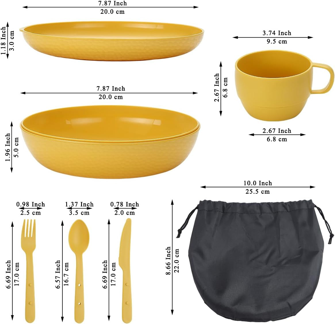Compact Camping Mess Kit with Bowl, Plate, Cup, Spoon, Fork, Knife, and Carry Bag - Space-Saving, Portable Plastic Utensils for Travel, Picnics, and Outdoor Activities (Gold Yellow)