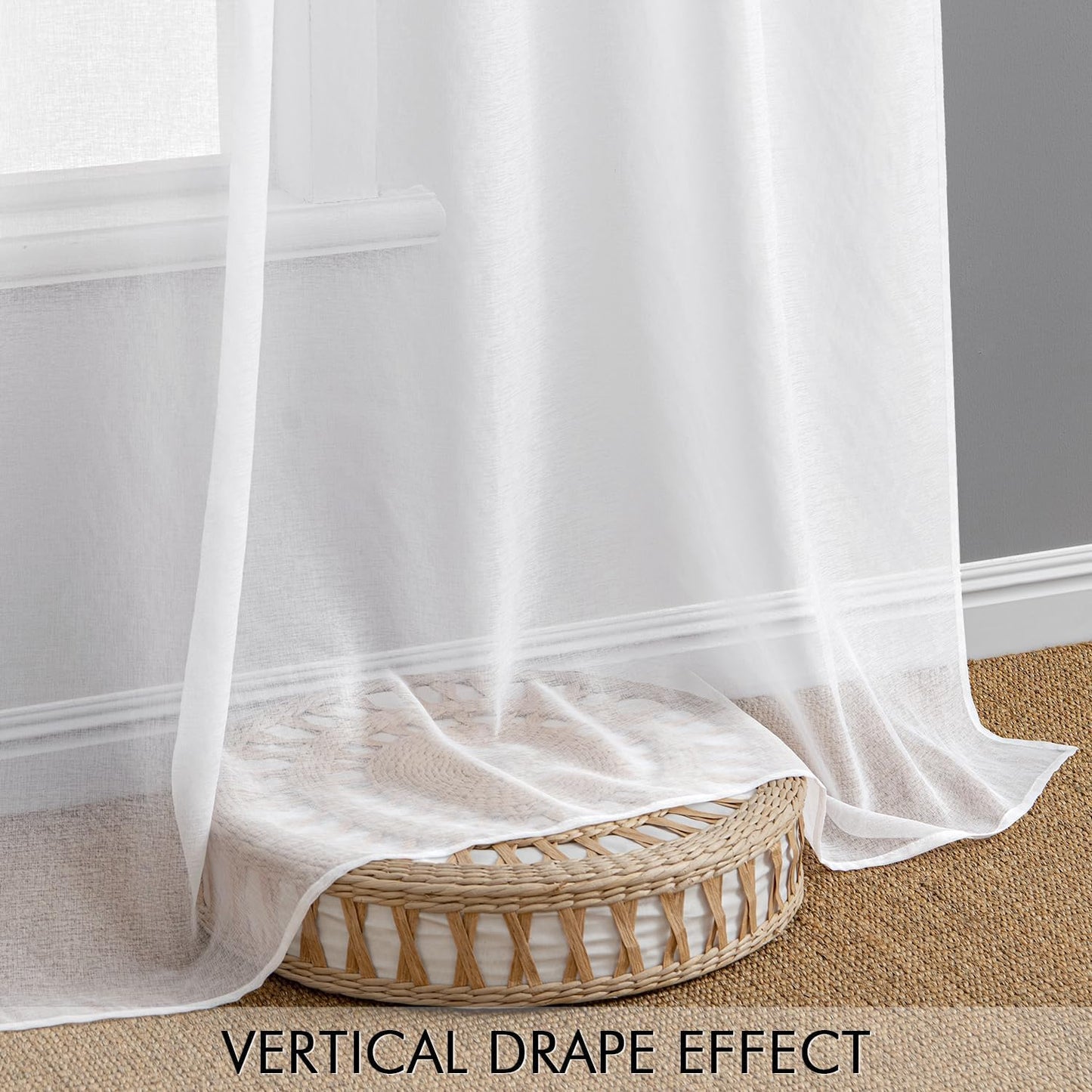 White Sheer Curtains Linen Textured 45 Inches Long 2 Panels for Bedroom Kitchen, Semi Transparent Farmhouse Rod Pocket Light Filtering Voile Window Drapes, W 42 X L 45 Inch Length