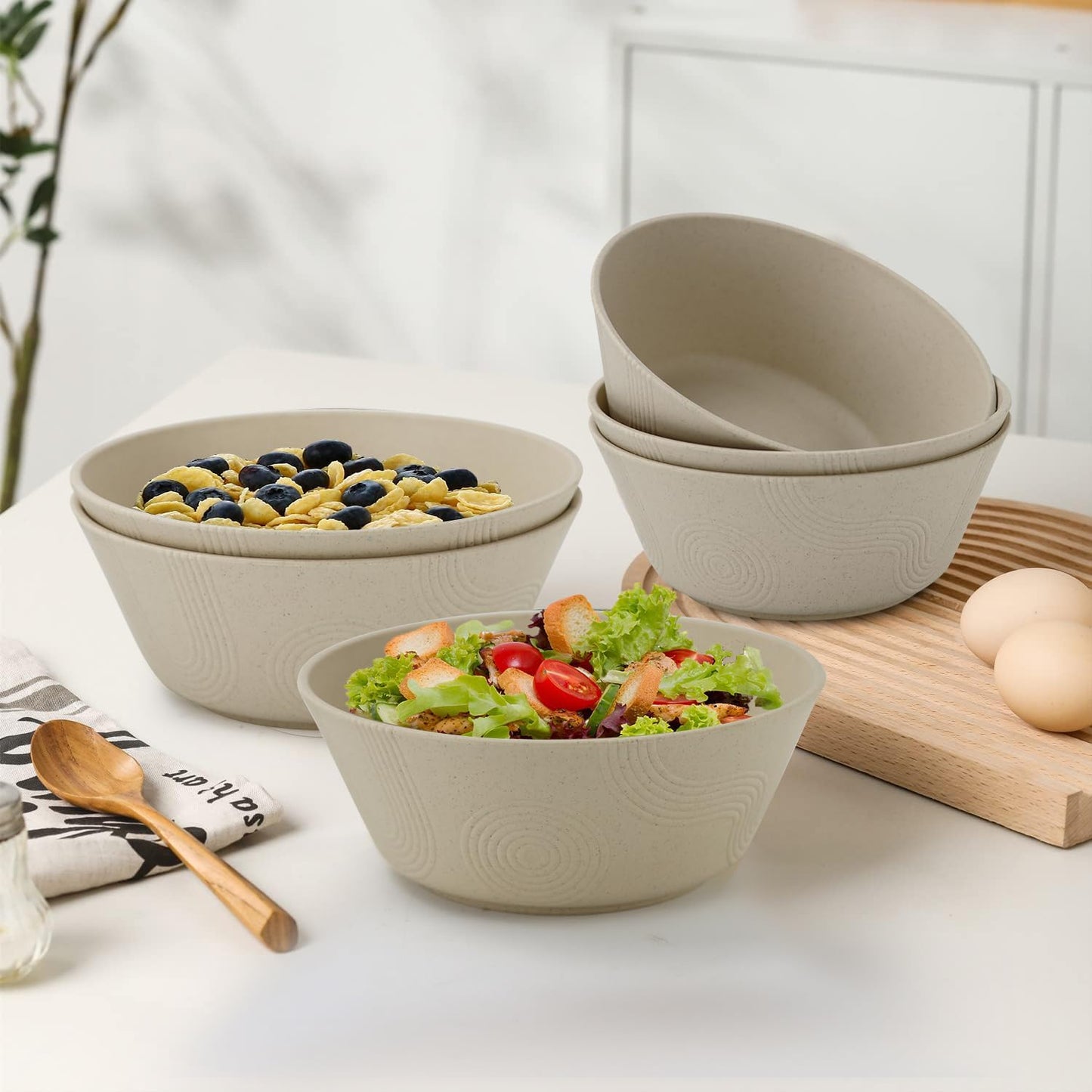 Wheat Straw Cereal Bowls Set of 6 | Microwave and Dishwasher Safe | Patented Textured Grip | Ideal for Cereal, Soup, and Salad | Eco-Friendly Alternative to Plastic (Beige)