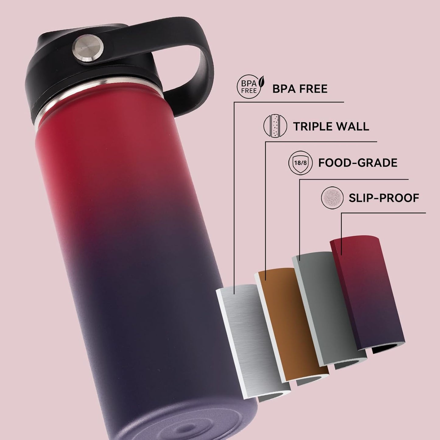18Oz Insulated Stainless Steel Water Bottle, Wide Mouth Double Wall Vacuum, Silicone Straw, Sweat & Leak Proof, BPA Free Insulated Water Flask for Travel, Keep Cold 24H Hot 12H, Red