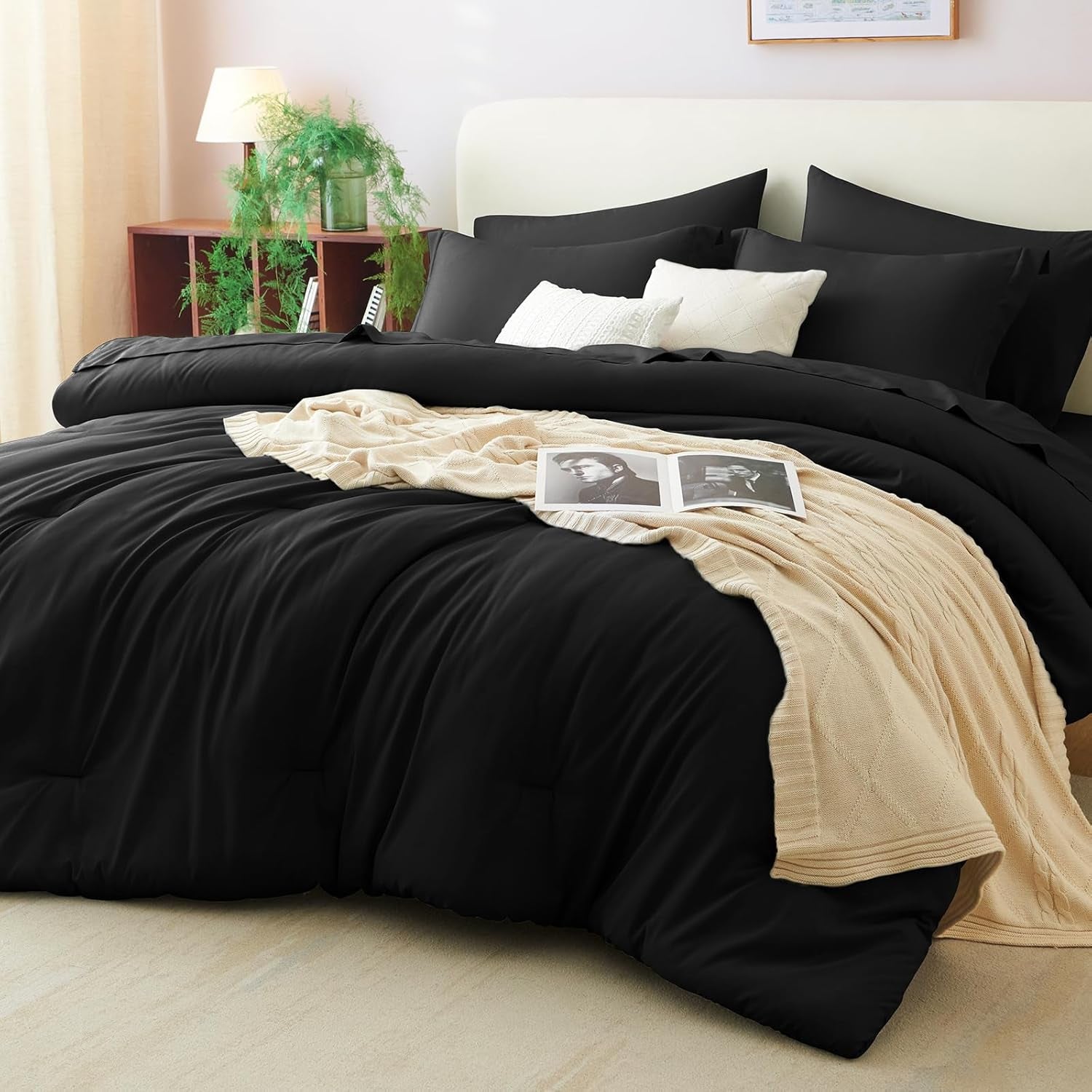 Queen Comforter Set Black, 7 Pieces Bed in a Bag Soft Bedding Comforter Set with Sheets, All Season Boho 7PC Bed Sets with Comforter, Fitted Sheets, Flat Sheets, Pillow Shams and Pillowcases