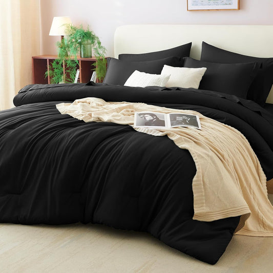 Queen Comforter Set Black, 7 Pieces Bed in a Bag Soft Bedding Comforter Set with Sheets, All Season Boho 7PC Bed Sets with Comforter, Fitted Sheets, Flat Sheets, Pillow Shams and Pillowcases