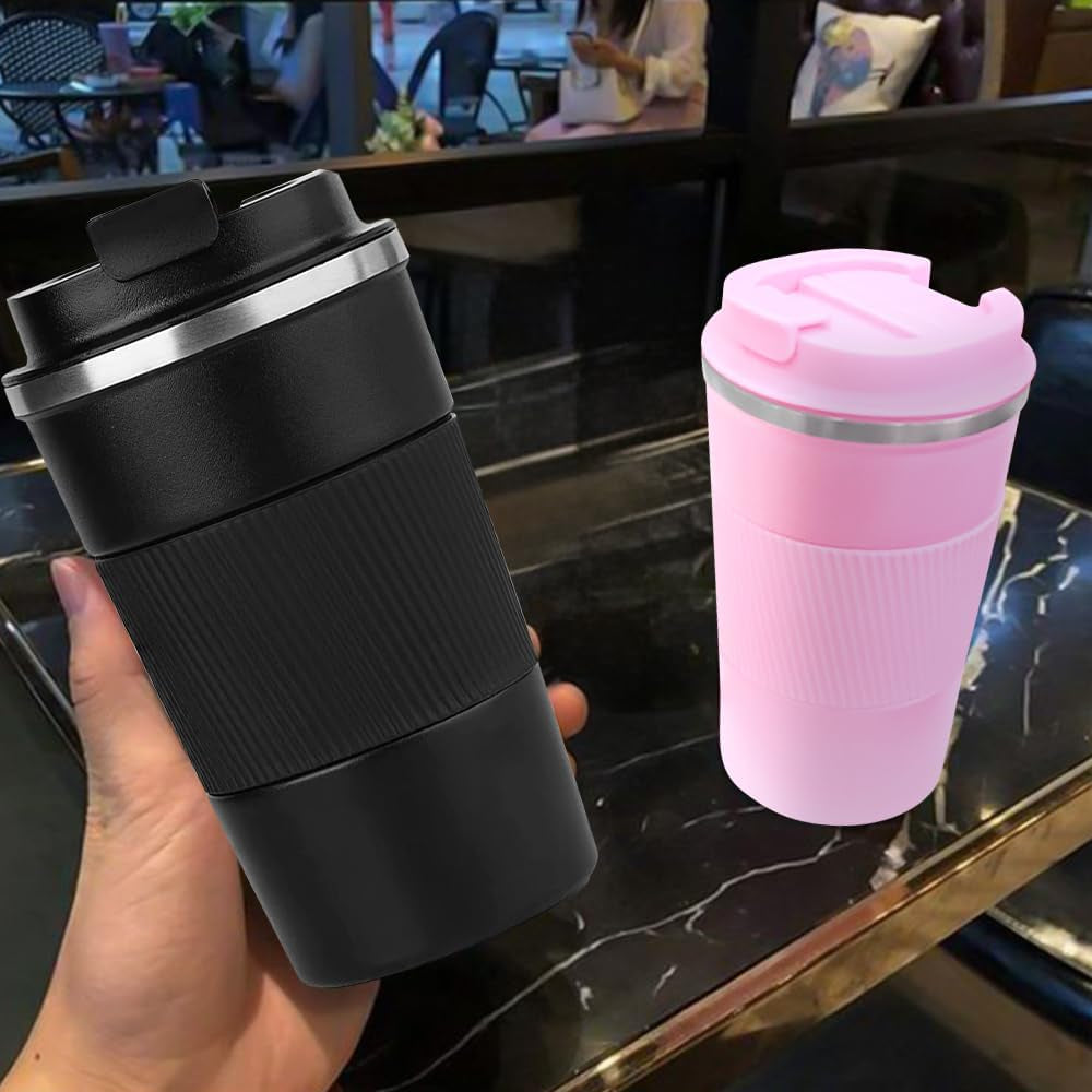 Travel Coffee Mug 14Oz Pink + Black, Couples Combination Set Insulated Spill Proof Leak Proof Portable to Go Camping Stainless Steel Coffee Tumbler Reusable Coffee Cups with Lids