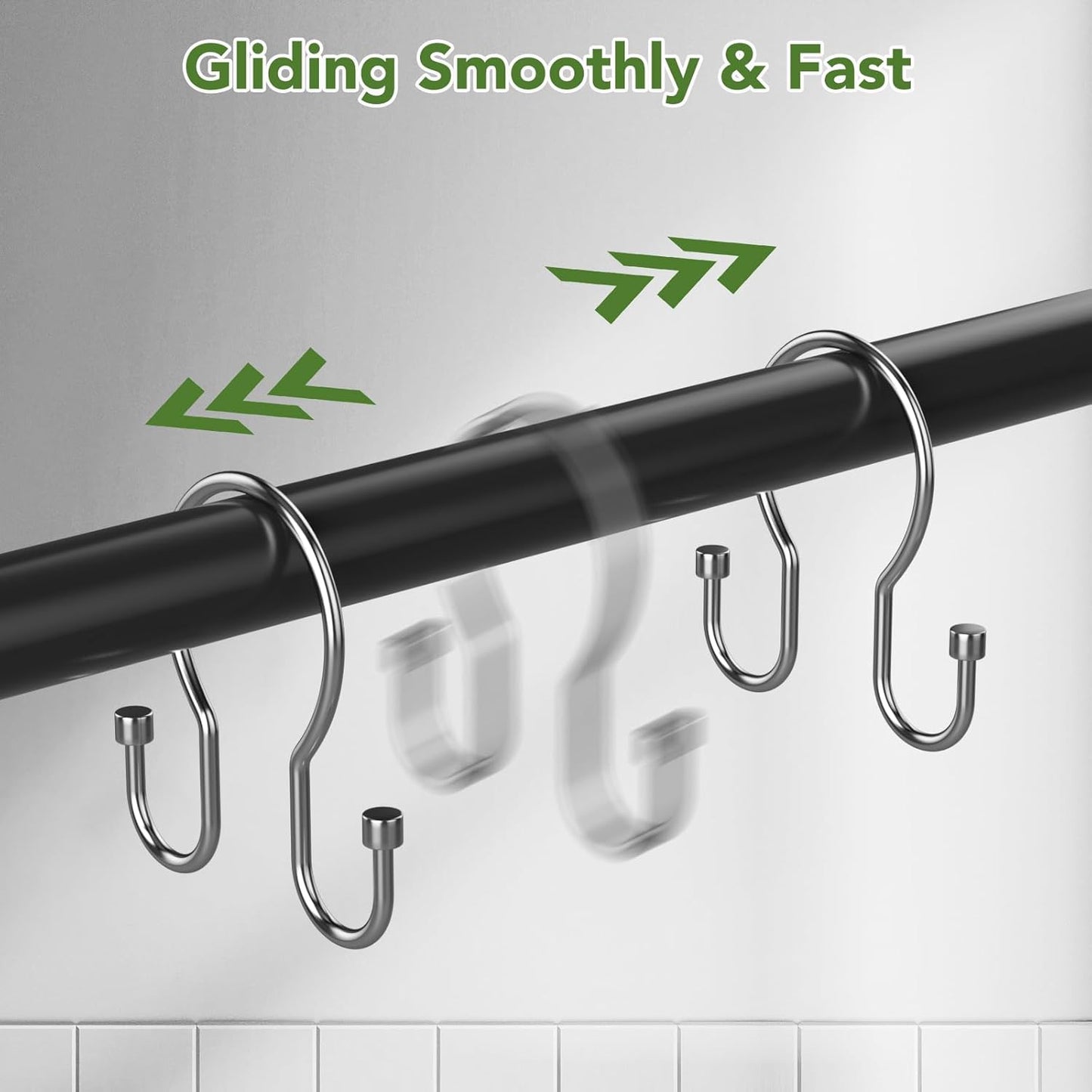 Shower Curtain Hooks, Black Shower Curtain Rings, Sturdy Simple Double Hook Shower Curtain Hooks Rust Proof, Smooth Gliding Metal Shower Hooks for Shower Curtain Rod (Chrome, 12 Pack)