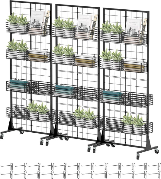 Gridwall Panel Display Stand - Craft Show Display Rack with Extra 24 Hooks, 2' X 5.5' Ft Black Metal Grids Standing Wire Rack for Retail Art Fair - 3 Set