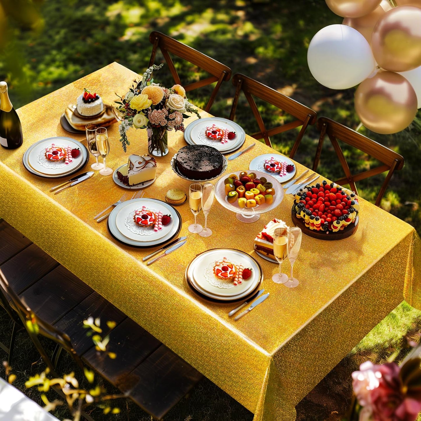 Gold Holographic Foil Tablecloths - Set of 2, 54x108 Durable Table Covers for Elegant Events, Perfect for Parties, Weddings, and Showers