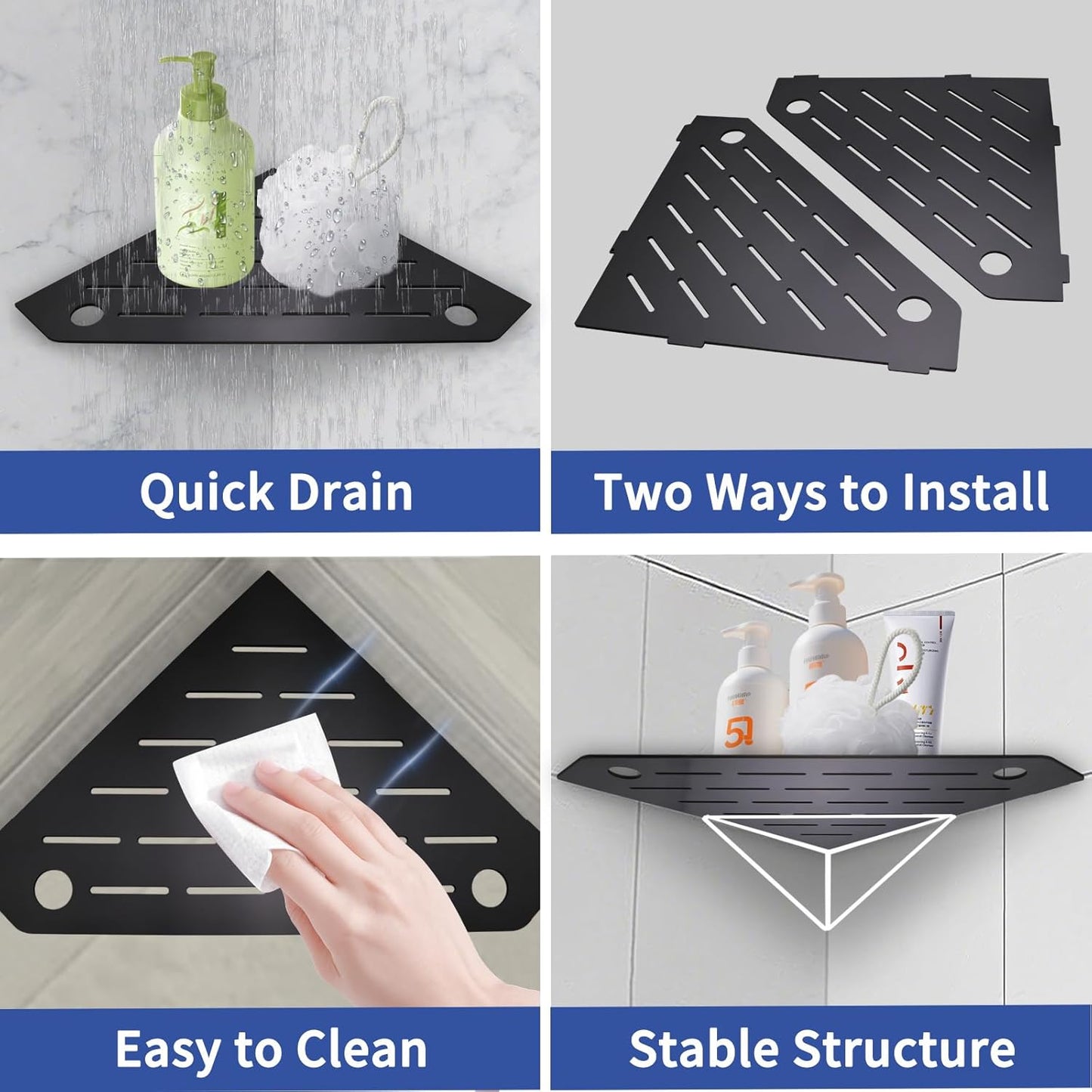 10" Corner Shower Shelves 2-Pcs, Rustproof 304 Stainless Steel Shower Corner Shelf with Razor Holder, No Drilling Bathroom Shower Shelf for Tiled Wall (Matte Black)