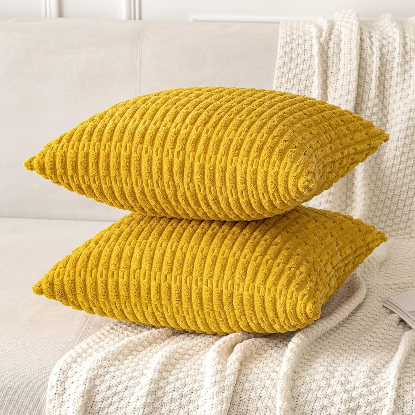 Pack of 2 Corduroy Decorative Throw Pillow Covers 18X18 Inch Soft Boho Striped Pillow Covers Modern Farmhouse Home Decor for Summer Sofa Living Room Couch Bed Mustard Yellow